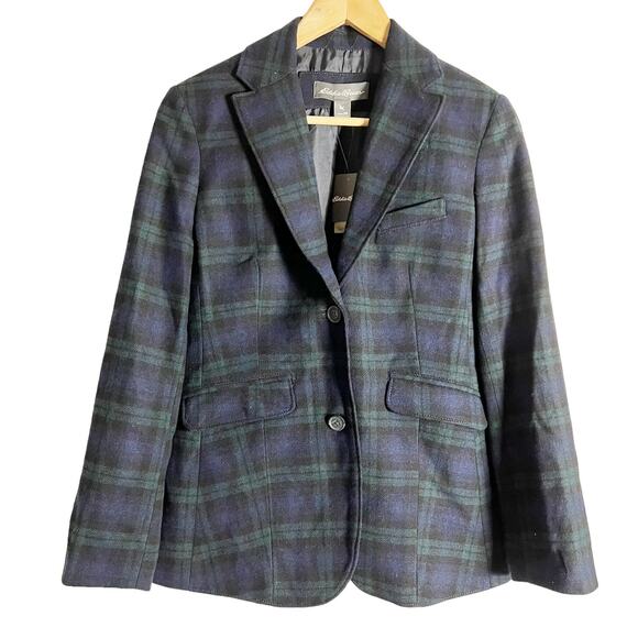 Eddie Bauer Navy Blue Green Wool Blend Plaid Blazer Jacket Women’s 4 Petite - Picture 1 of 10